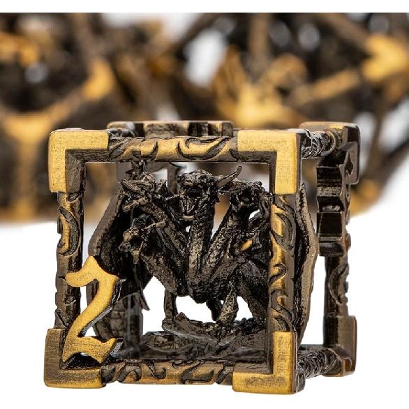 ARUOHHA Hollow DND Dice Set Copper Blue 5-Headed Dragon D and D Dice with Gift Box, Dungeons and Dragons Role Playing Games 7PCS Metal Polyhedral