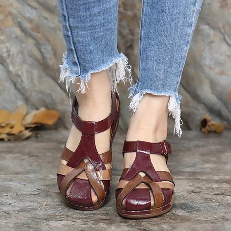 Summer new large size women's sandals hollow Velcro wedge heel sandals women