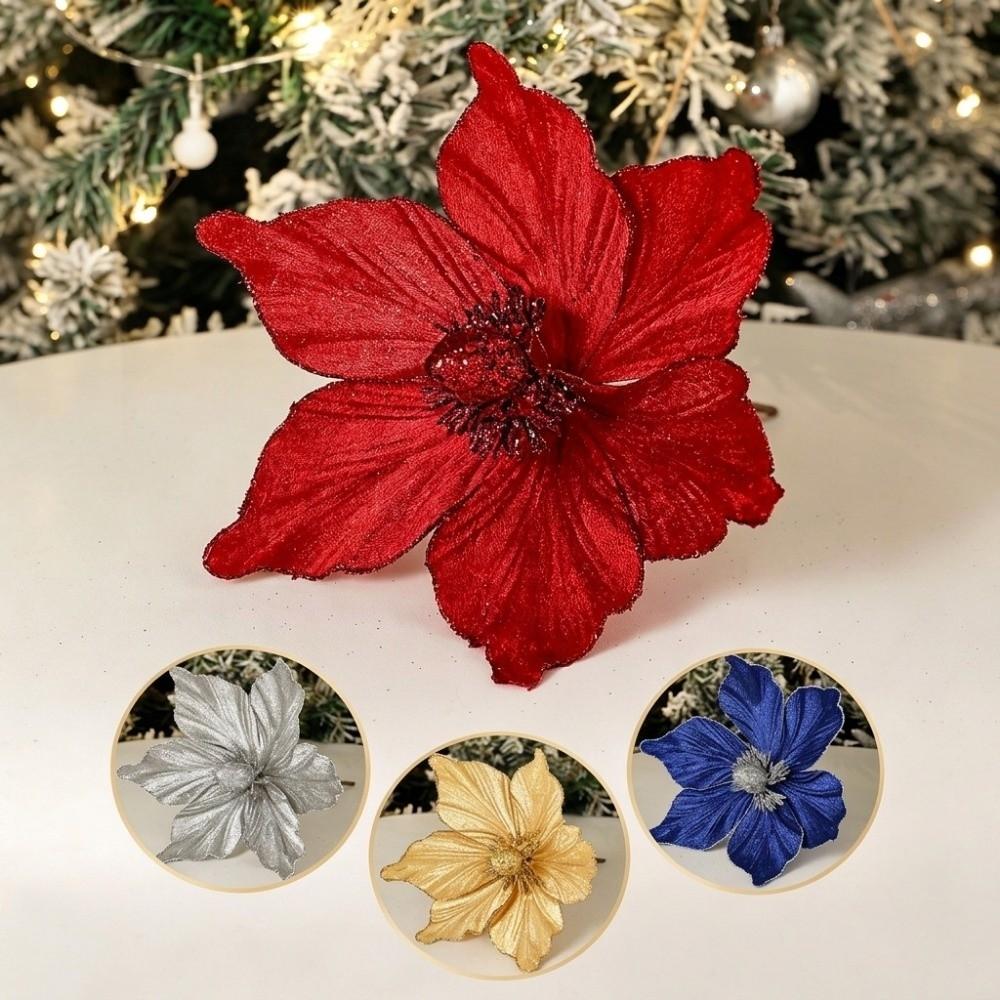 Fabric Artificial Magnolia Flower Sparkling Petal Glitter Edge Christmas Magnolia Pick with Stem Fake Glitter Flower