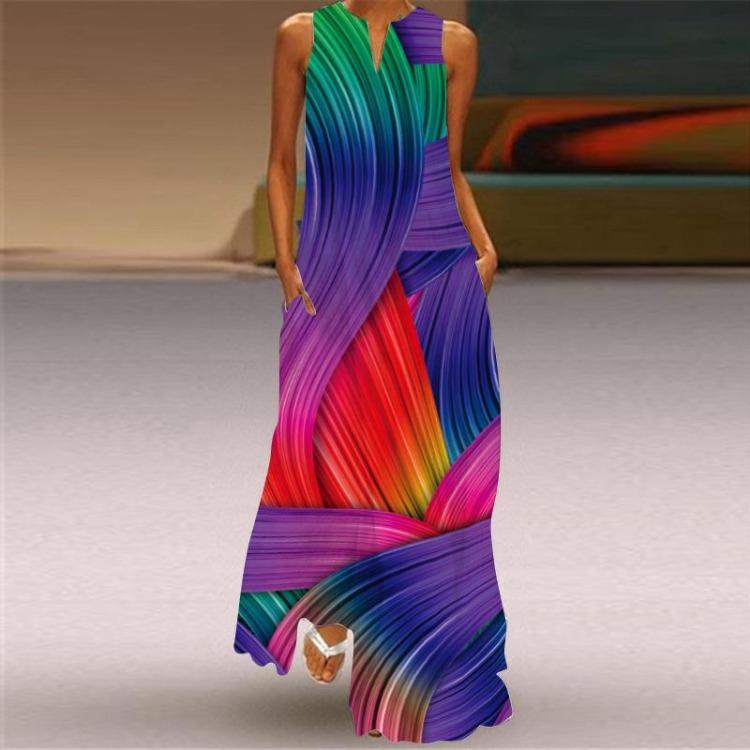 Retro-Print Sommer Langkleid 2024 Mehrfarbig V-Ausschnitt Ärmellos
