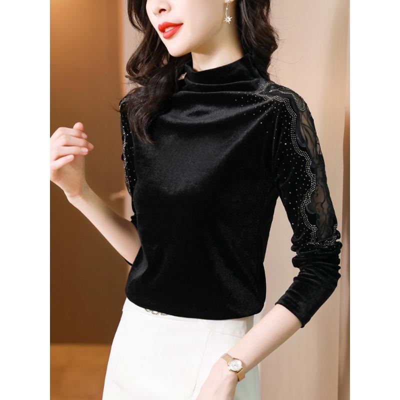 

Осень Новый Стиль Модный Новый Стиль Модный Универсальный Водолазка Кружево Бархат Железный Бриллиант Длинный Рукав Базовая Рубашка для Женщин 3XL чёрный