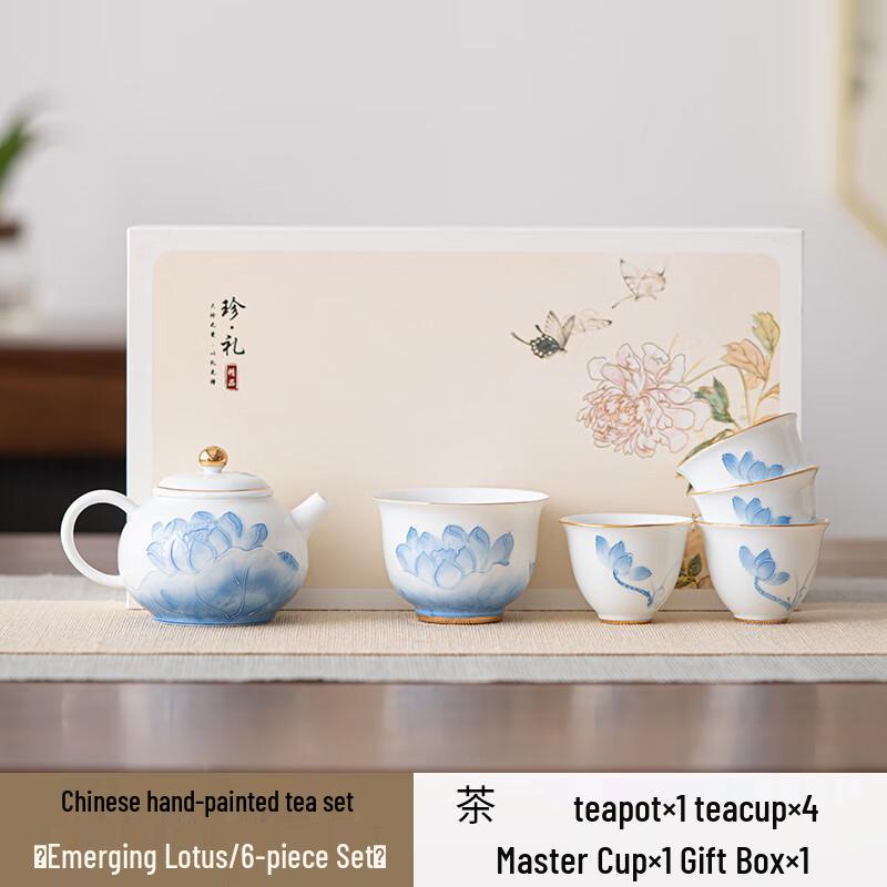 Chinese White Glaze Hand-painted Ceramic Kung Fu Tea Set Water Lotus 6-piece Set