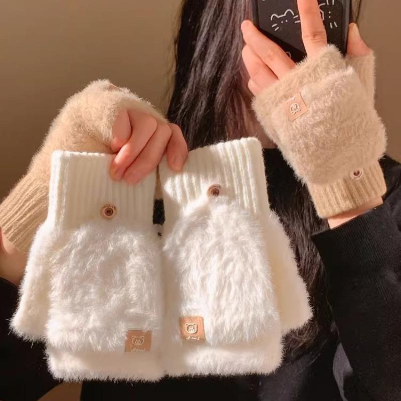 Open finger can be flipped half finger white plush gloves female autumn and winter thickened warm student writing riding