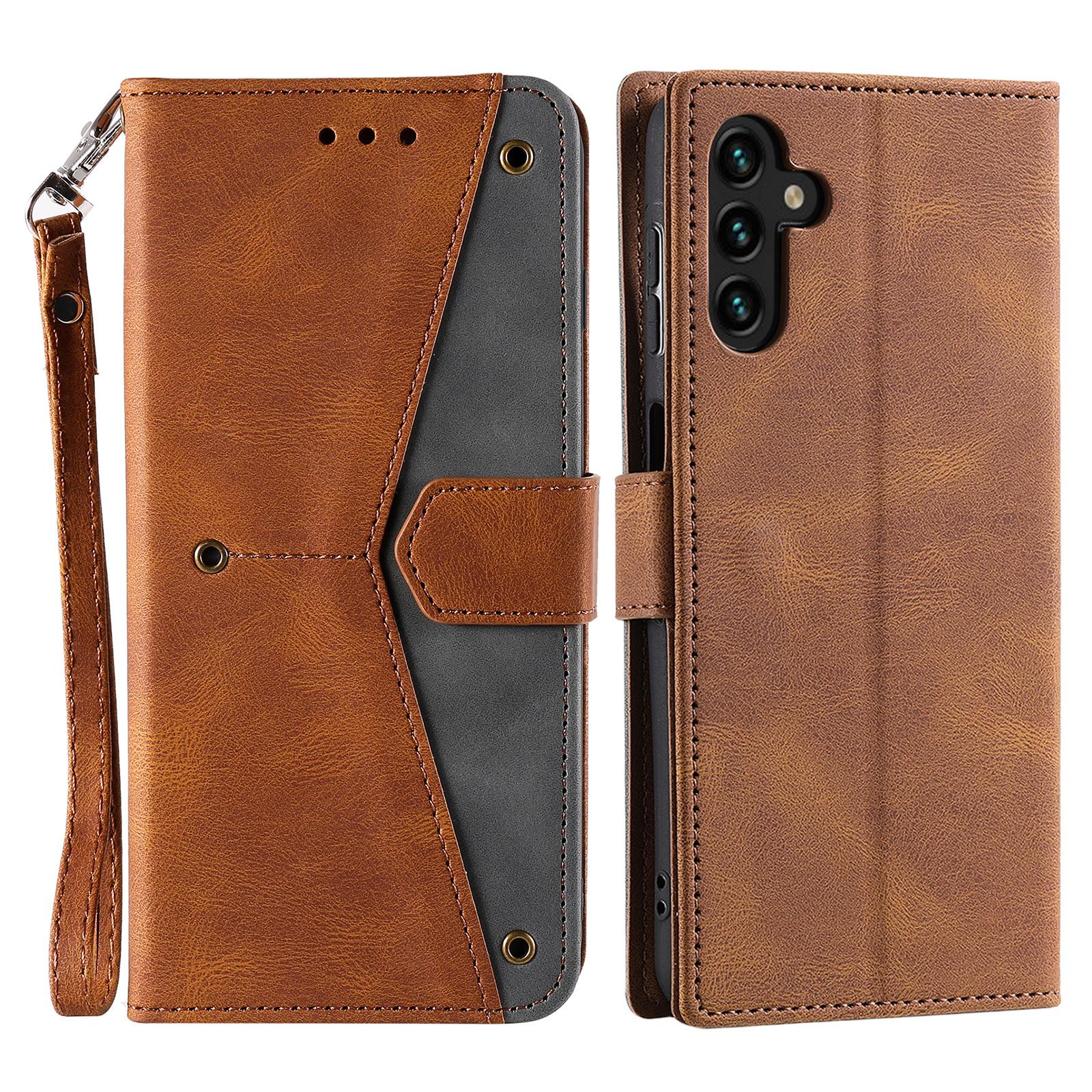 

For Samsung Galaxy S25 FE Leather Case Splicing Stitching Wallet Phone Cover with Wrist Strap Brown