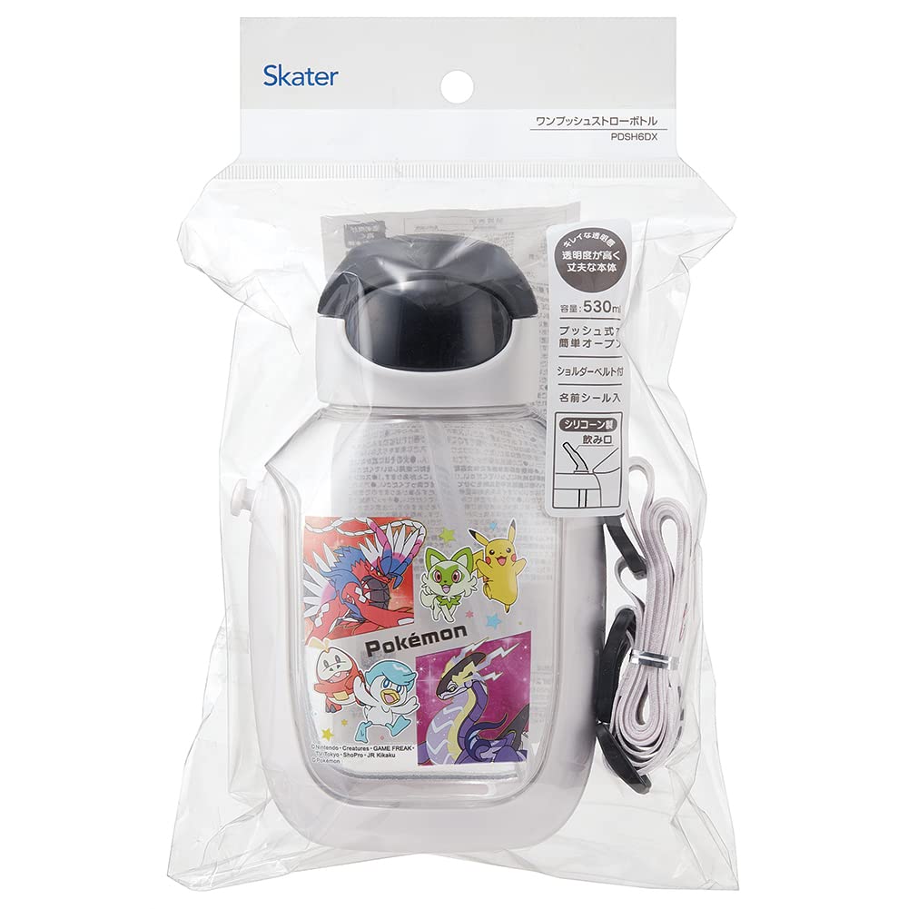 Bouteille d'eau Skater 530ml 23N pour Enfants PDSH6DX-A Pokémon avec Paille, Ouverture à Pression Unique,