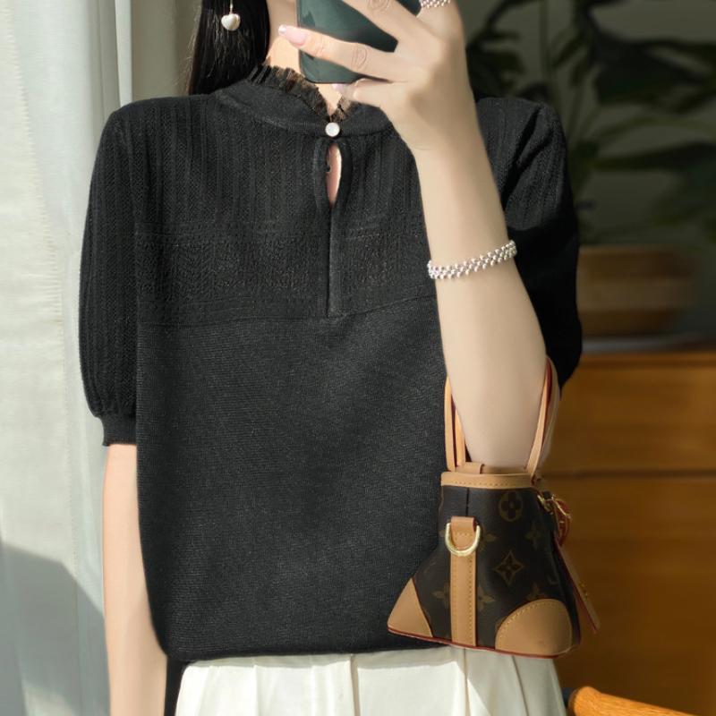 

Шерстяной ажурный вязаный свитер с коротким рукавом, женский летний стиль, универсальный воротник, футболка-топ XL чёрный