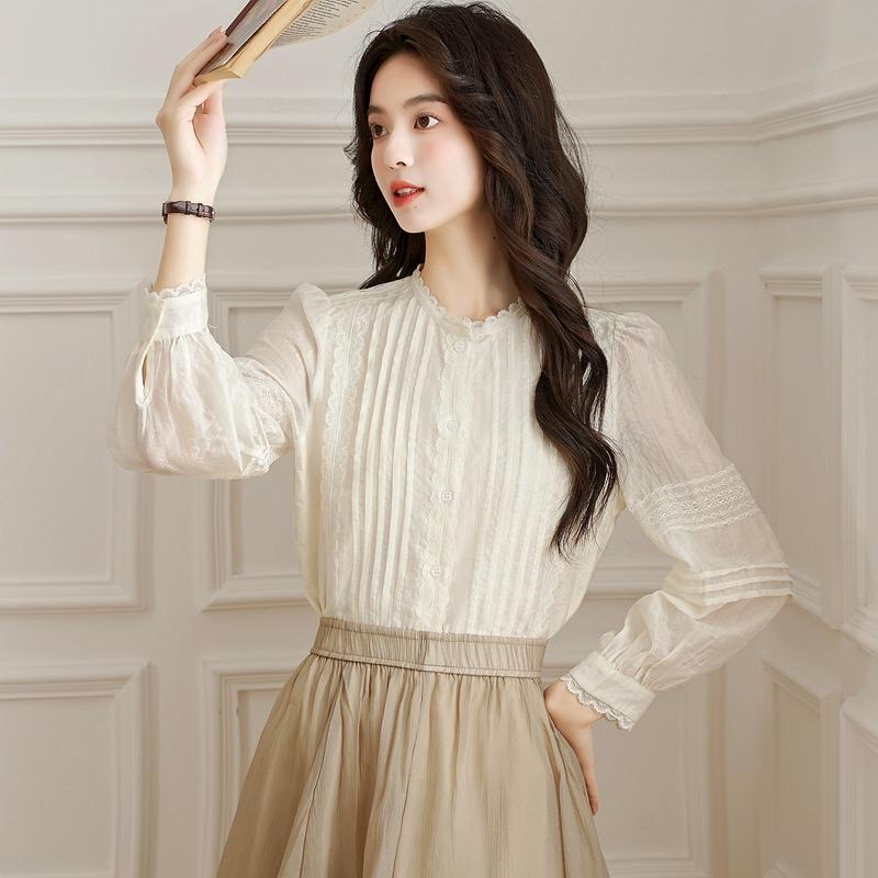 Autumn Fashion New 2024 Long Sleeve O-Neck Casual Apricot Blouse Shirt Women Tops Blouses Shirts J428