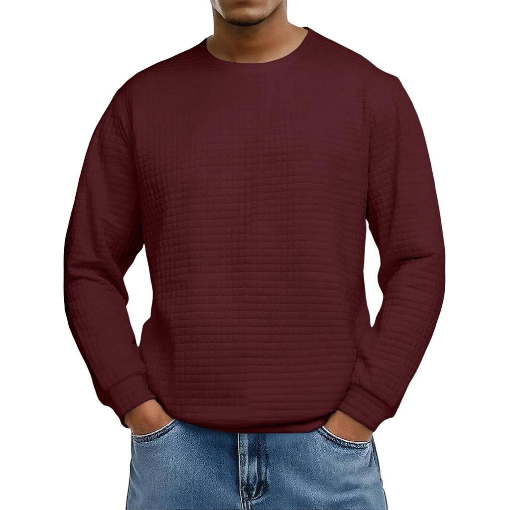 Top Masculino Casual de Malha Waffle de Gola Larga e Manga Comprida