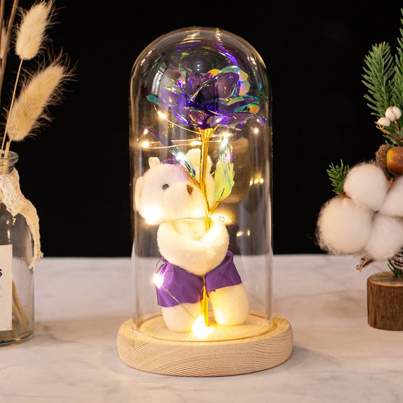 Eternal rose bear glass cover, luminous LED light gold foil flower ornament simulation flower Valentine's Day creative gift