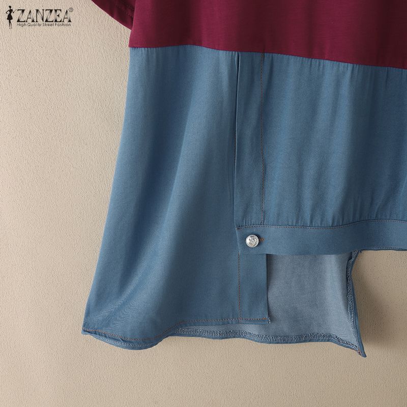 ZANZEA Womens Round Neck Patchwork Short Sleeve Irregular Hem Casual T-Shirts