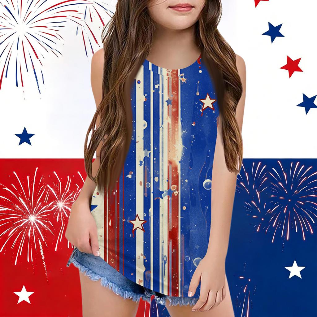 Girls  Kids Summer Crewneck Sleeveless Shirts Tank Tops Independence Day