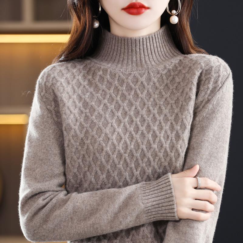 Women's High Neck 100% Pure Wool Pullover Knit Sweater - Autumn/Winter, Loose Fit, Thickened Layer