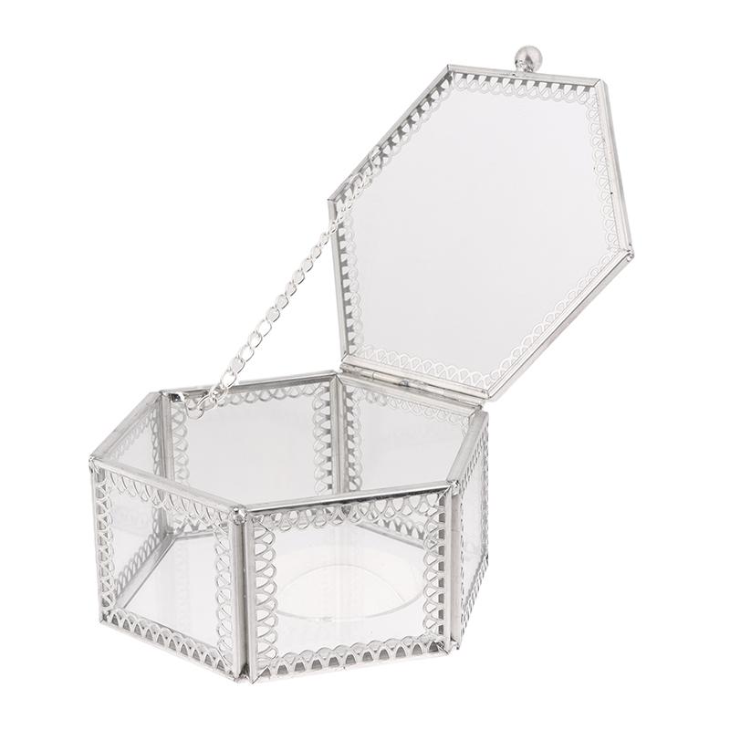 Hexagon Transparent Glass Storage Box Jewelry Ring Earring Beads Coins Display Case Keepsake Organizer Tabletop Container