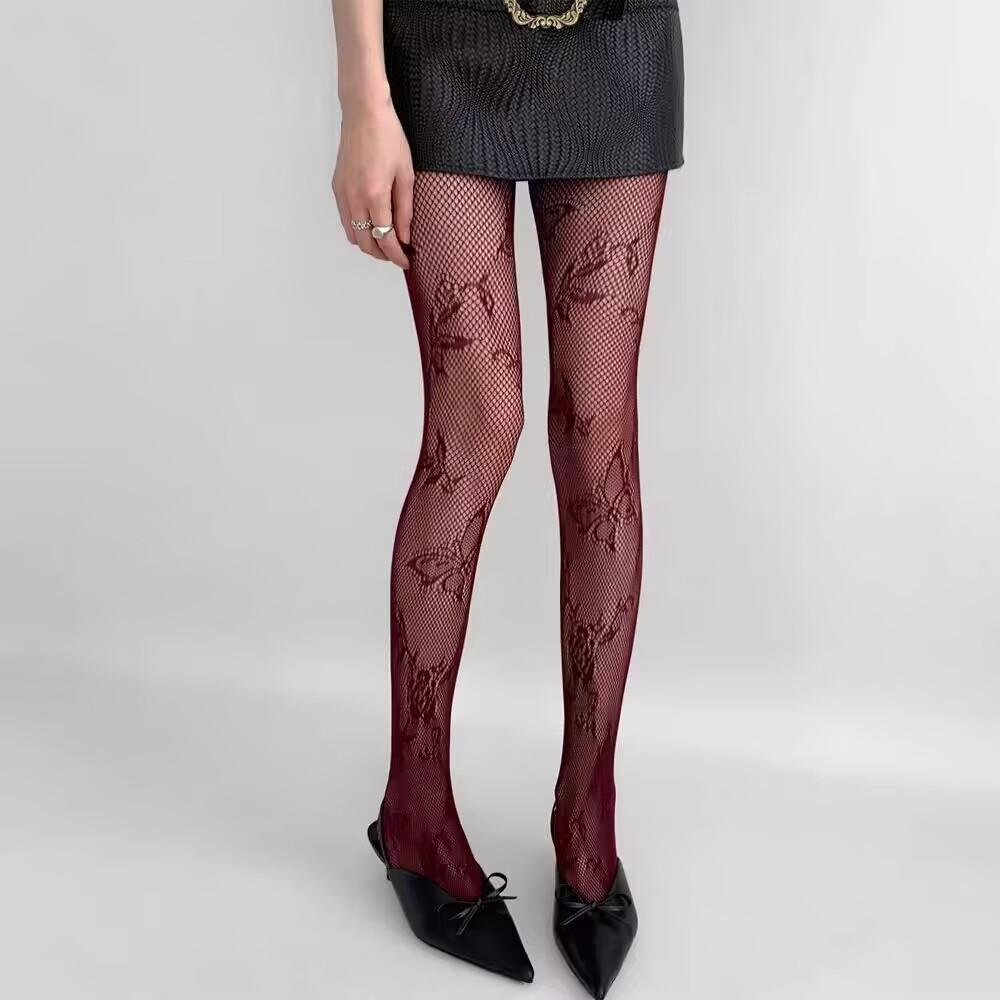 New French Lace Floral Butterfly Fishnet Tights Women Vintage Jacquard Stockings Summer Thin Breathable Cutout Mesh Pantyhose One Size