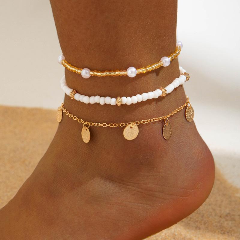 Accessories Bohemian Iron Disc Pendant Rice Bead Anklet Multi-layer Beach Foot Decoration Set