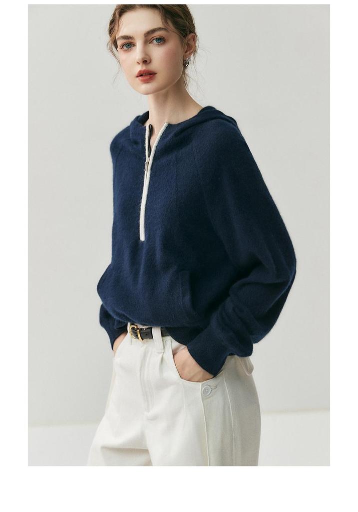 Women's Elegant Hooded Half-Zip Cashmere Sweater - Versatile Knitwear for Autumn/Winter 2026