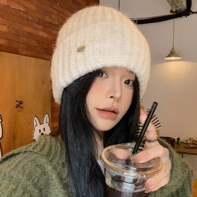 Blue wool hat women's autumn and winter versatile face small knitted hat big head circumference cold and warm bag head hat