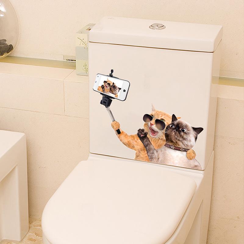 Hipster Cat Selfie Toilet Stickers Funny Bathroom Waterproof Decals, Self-Adhesive Cool Cat Wall Art for Bathroom Decor