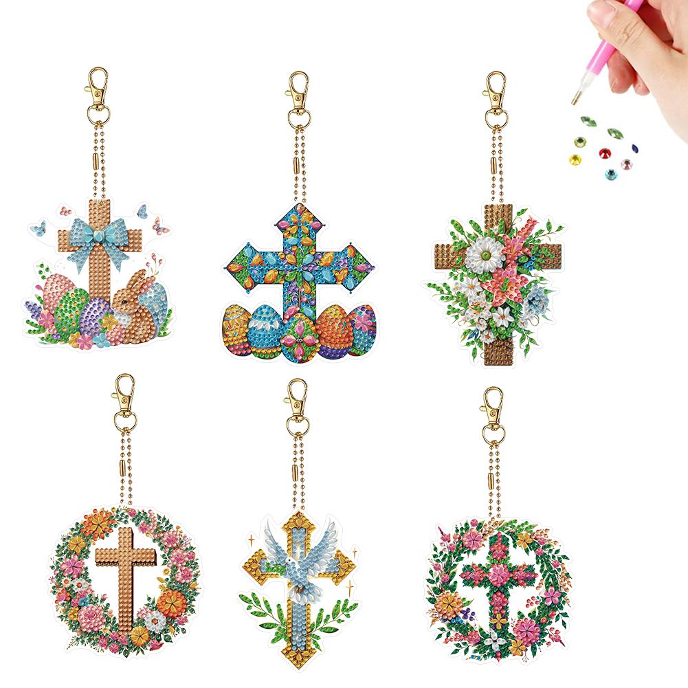 6Pcs Double Sided Special Shape Easter Animals Diamond Painting Keychain Diamond Painting Art Keychain Pendant DIY Crafts Decor