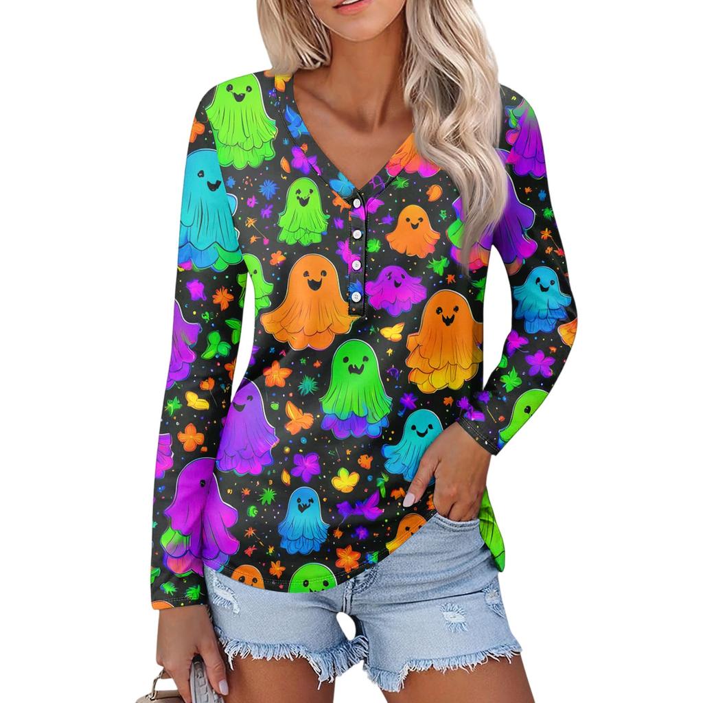 Women's Casual Fashion Sexy Comfort Halloween Printed V-Neck Button Long Sleeve