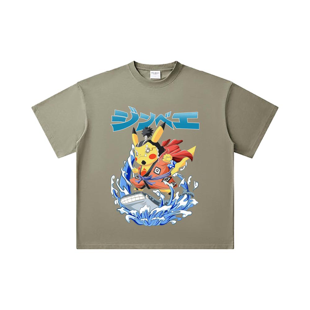 260 GSM Double Yarn 32 Count 100% Cotton Pokemon V11 Jimbei Pikachu Print Unisex Heavy Cotton T Shirt