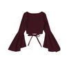 European/American Style Lace-Up Bell Sleeve V-Neck Crop Top: Slim, Retro, Solid Color