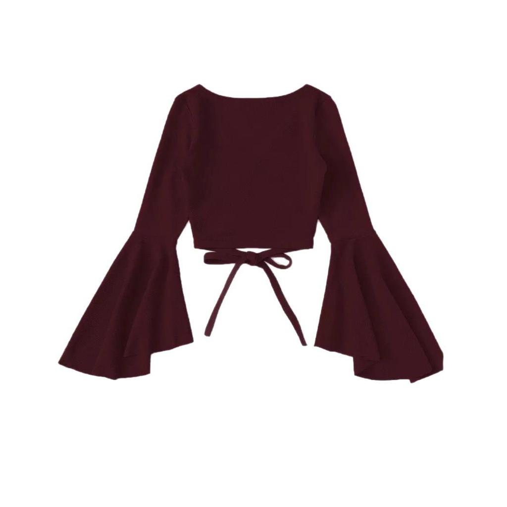 European/American Style Lace-Up Bell Sleeve V-Neck Crop Top: Slim, Retro, Solid Color