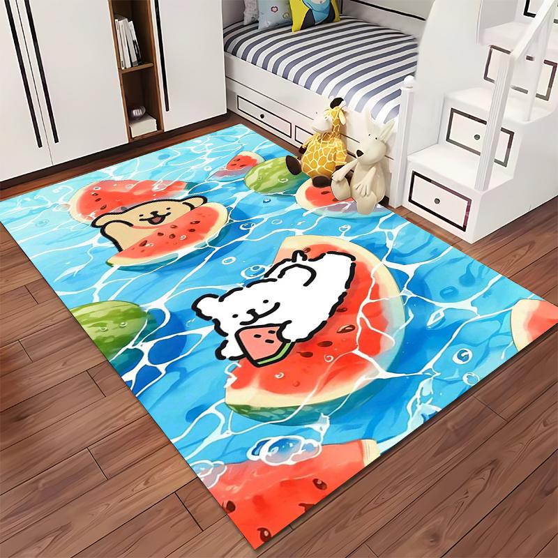 Cute Cartoon Animals On Watermelon Floating Carpet, Blue Background Suitable for Use As an Anti-slip for Living Room Bedroom Sofas