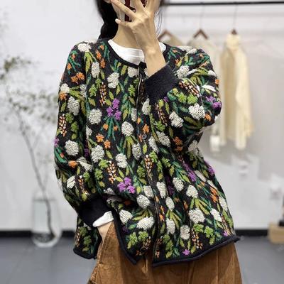 DIMANAF 2024 Sweaters Flower Coat Cardigan Autumn Women Print O-Neck Bat Sweaters Knitting Loose Sweater Green