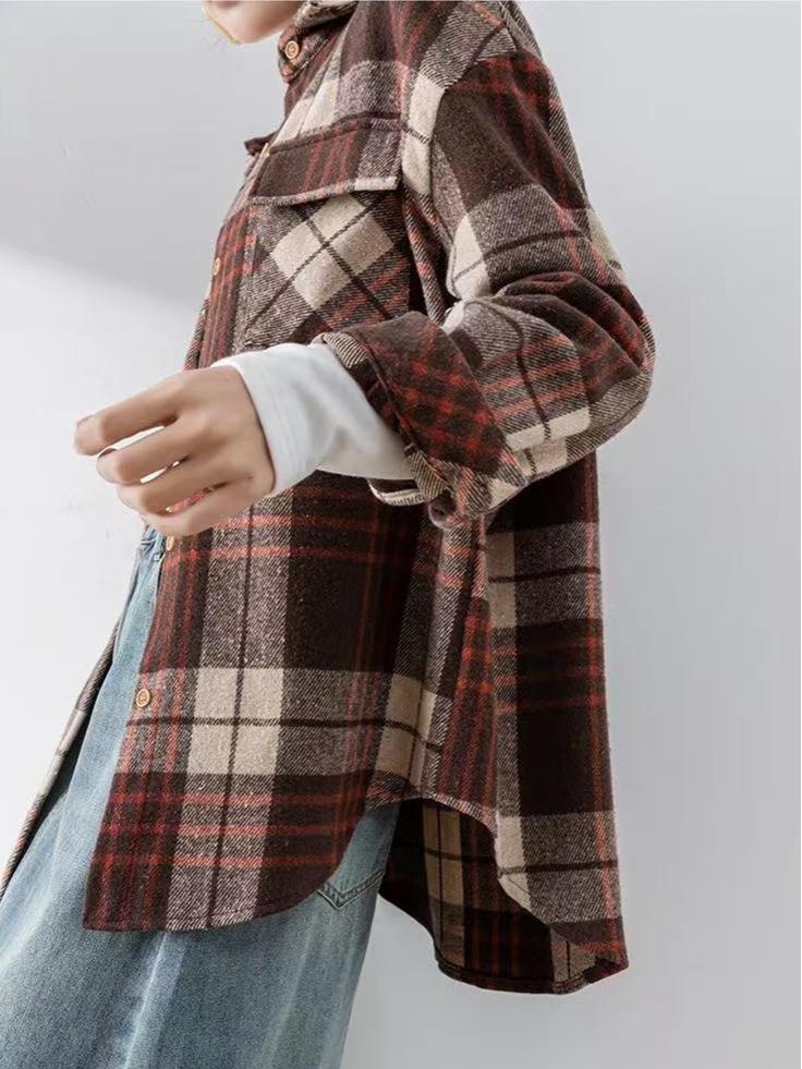 European & American Women's Plaid Long-Sleeve Shirt Jacket - Loose & Casual Fashion (2025)
