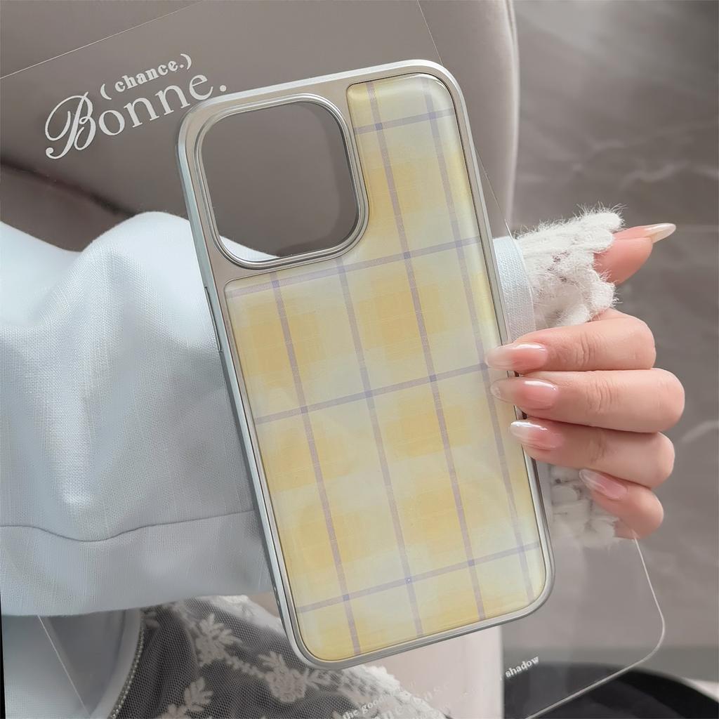 Yellow Checkered Pattern Suitable for Apple 16 Mobile Phone Case Iphone14promax Drop Glue13 Niche Korean 15 Electroplated Silver