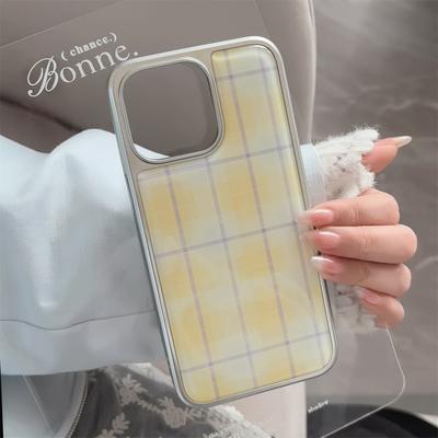 Yellow Checkered Pattern Suitable for Apple 16 Mobile Phone Case Iphone14promax Drop Glue13 Niche Korean 15 Electroplated Silver