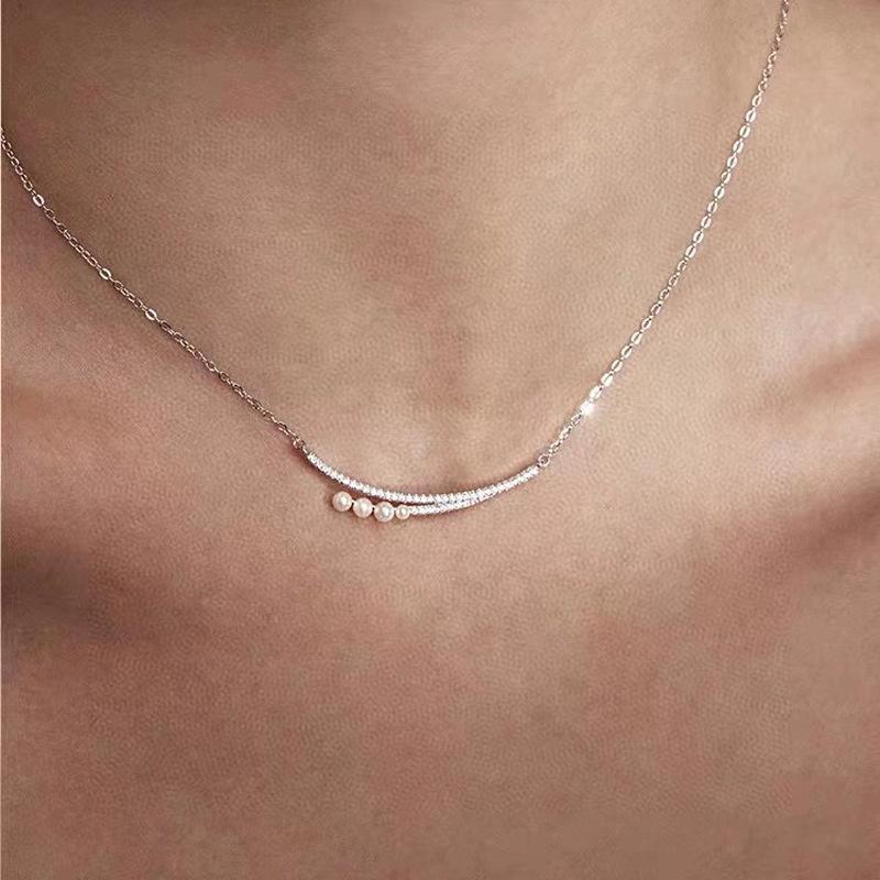 Elegant Sterling Silver Pearl & Diamond Clavicle Necklace – Women's Japanese & Korean Fashion