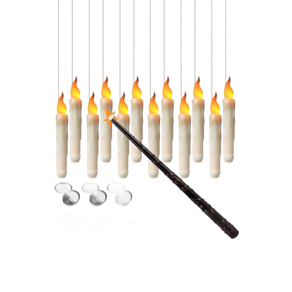 12pc Floating Candle Set with Magic Wand for Hanging Decoration Battery Operated Flameless LED Candles with Suction Cups for Indoor Use