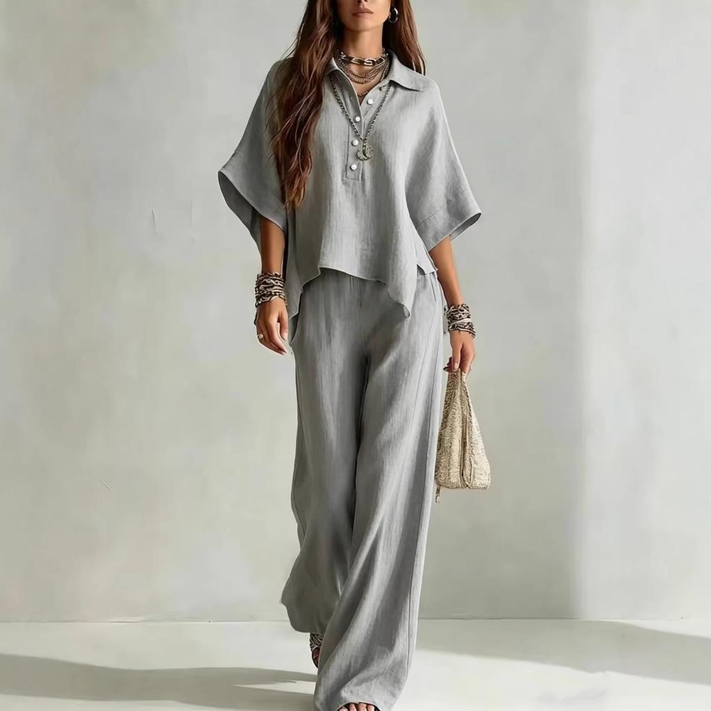Solid Color Pants Set Summer Loose Half-sleeved Shirt Loose Wide-leg Trousers Two-piece Set Fashion Vacation Suit