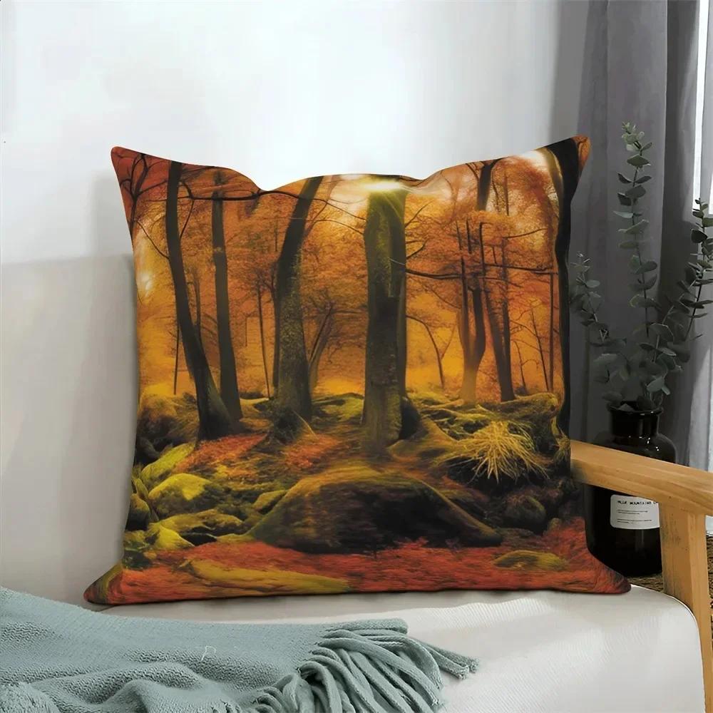 Autumn Scenery Home Decoration Cushion Cover Autumn Leaf Forest Print Sofa Decoration Pillow Cover