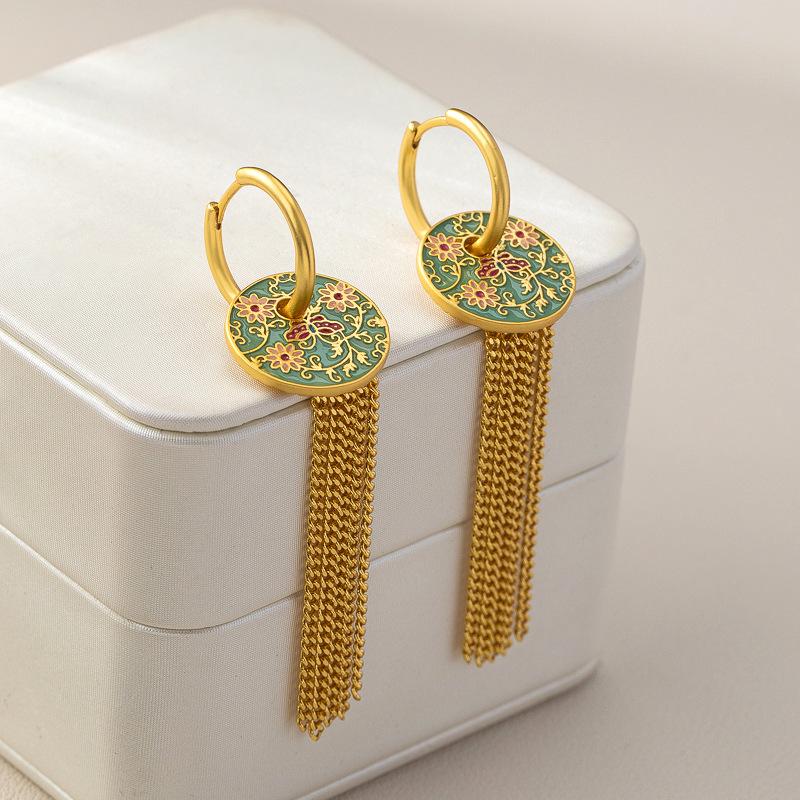 Elegante chinesische Quasten- & Perlenohrringe mit Glasur-Blumendesign für Damen