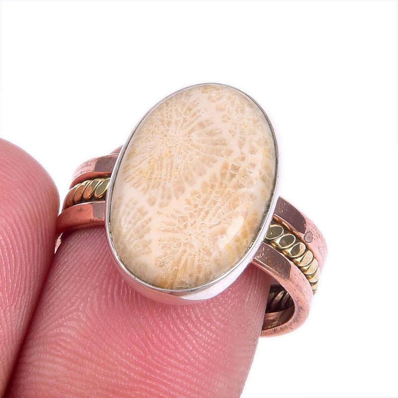 

Natural Fossil Coral Gemstone Two Tone 925 Sterling Silver Jewelry Ring S.8 u0L35