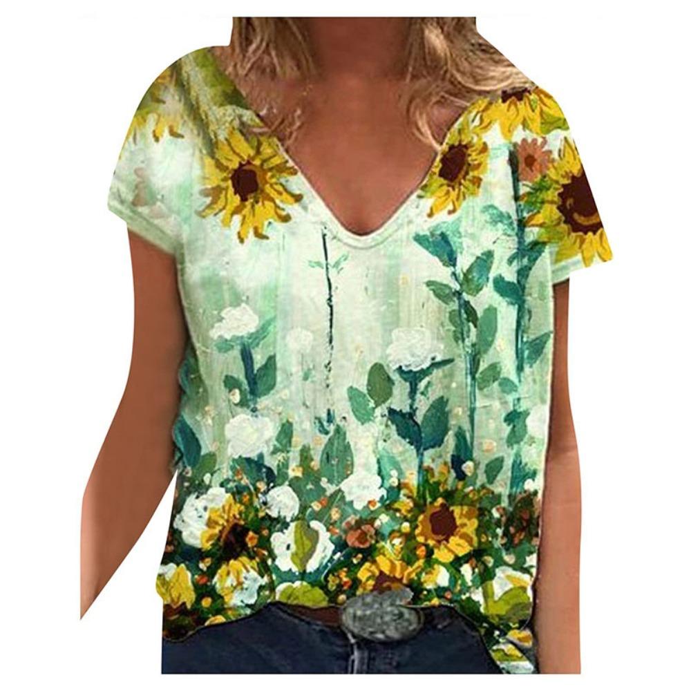 Summer Sunflower Floral 3D Print T Shirt Women V-Neck Casual Tee Y2k Tops Harajuku Streetwear Oversized T-shirts Woman Clothing