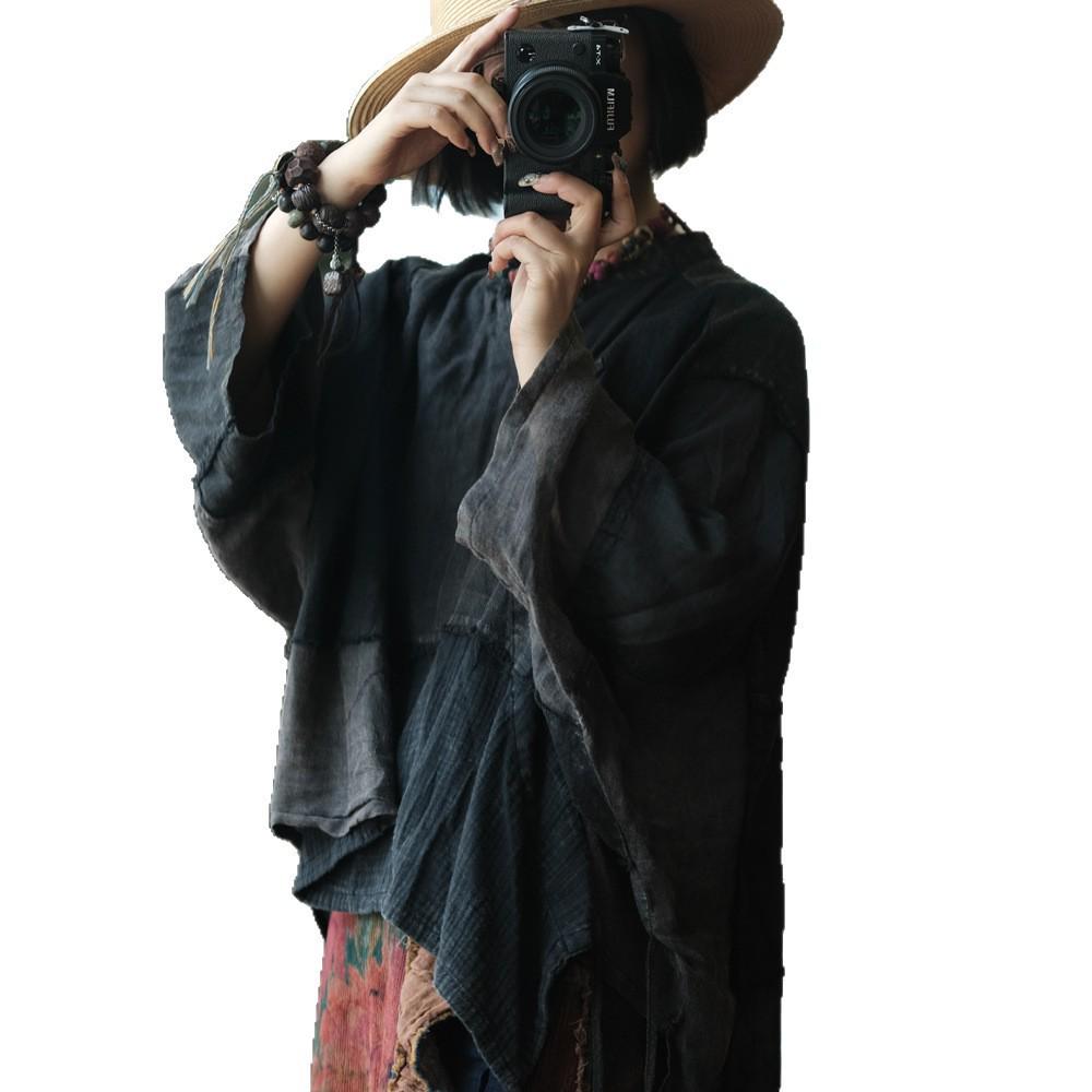 Retro Black Patchwork Linen Shirt with Frayed Edges and Frog Buttons