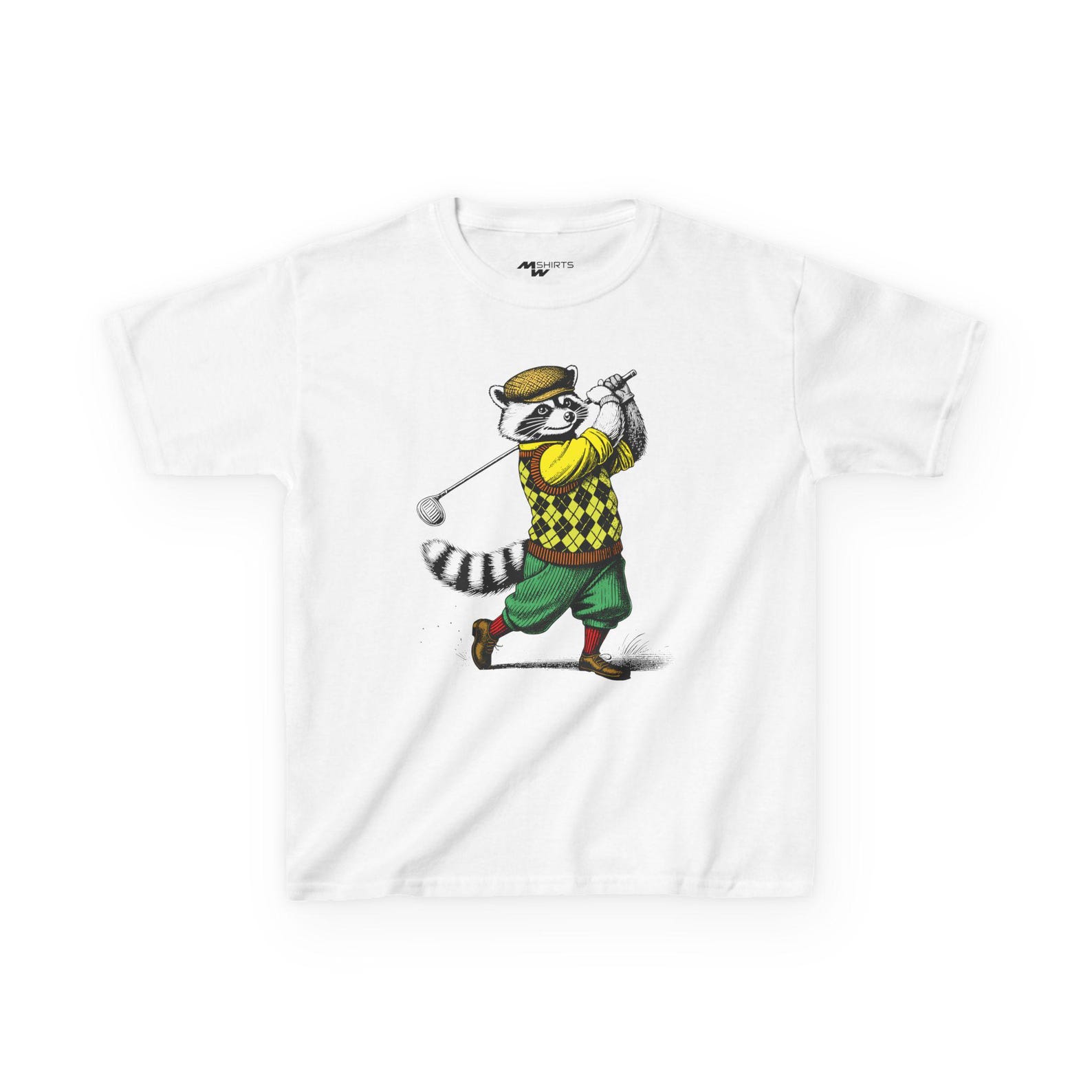 Funny Golf Playing Raccoon Kids Tee: Playful Animal T-Shirt M
