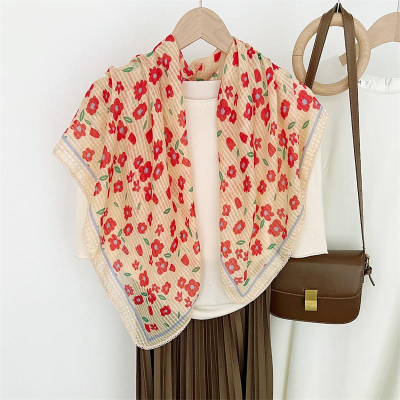 Lovely Polka Floral Lace Chain Square Viscose Shawl Scarf Lady High Quality Wrap Beach Cover Stole Bufandas Muslim Hijab 85*85Cm