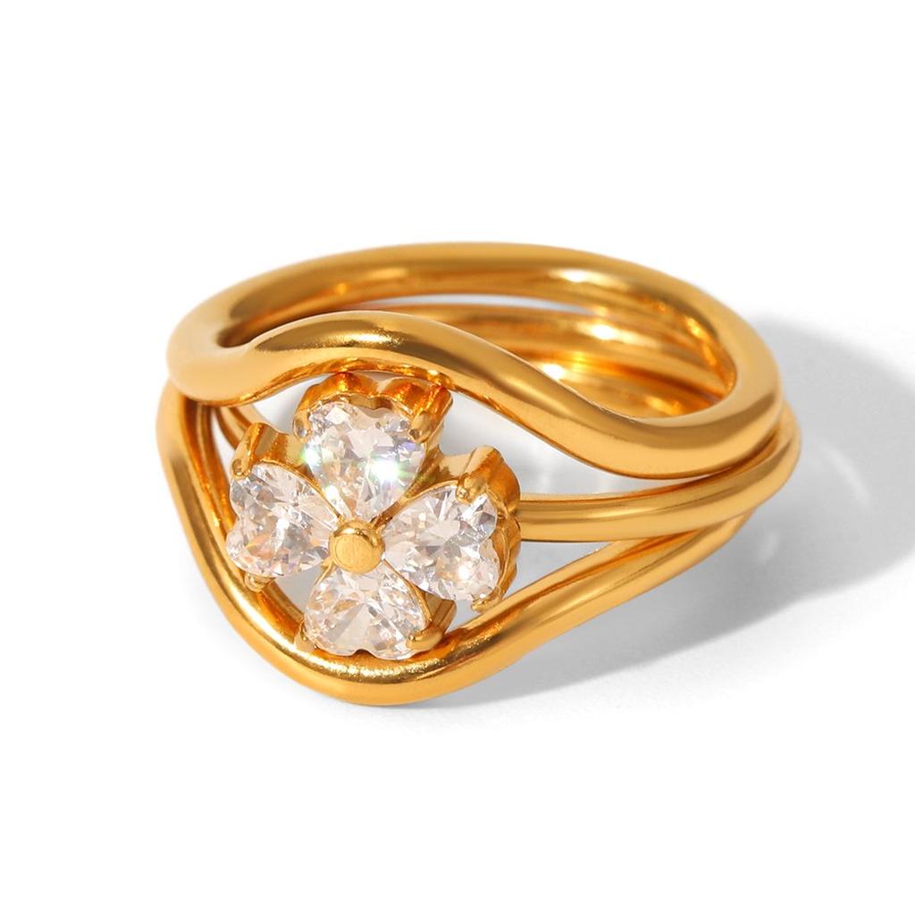 Europese & Amerikaanse 18k Goud Verguld Roestvrij Staal Diamant Ring Set - Lichte Luxe Dames Sieraden