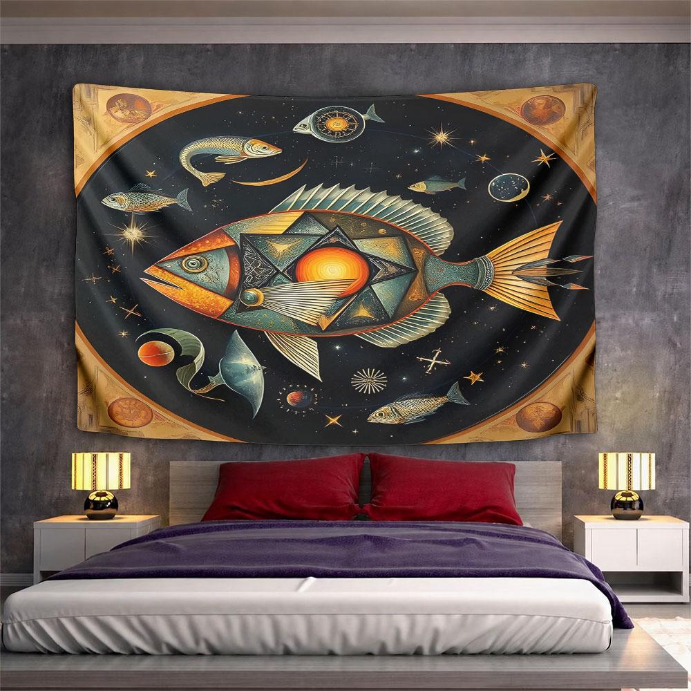 Celestial Fish with Geometric Patterns Pattern Wall Hanging Tapestry Decorative Tapestry Home Decor for Bedroom and Living Room