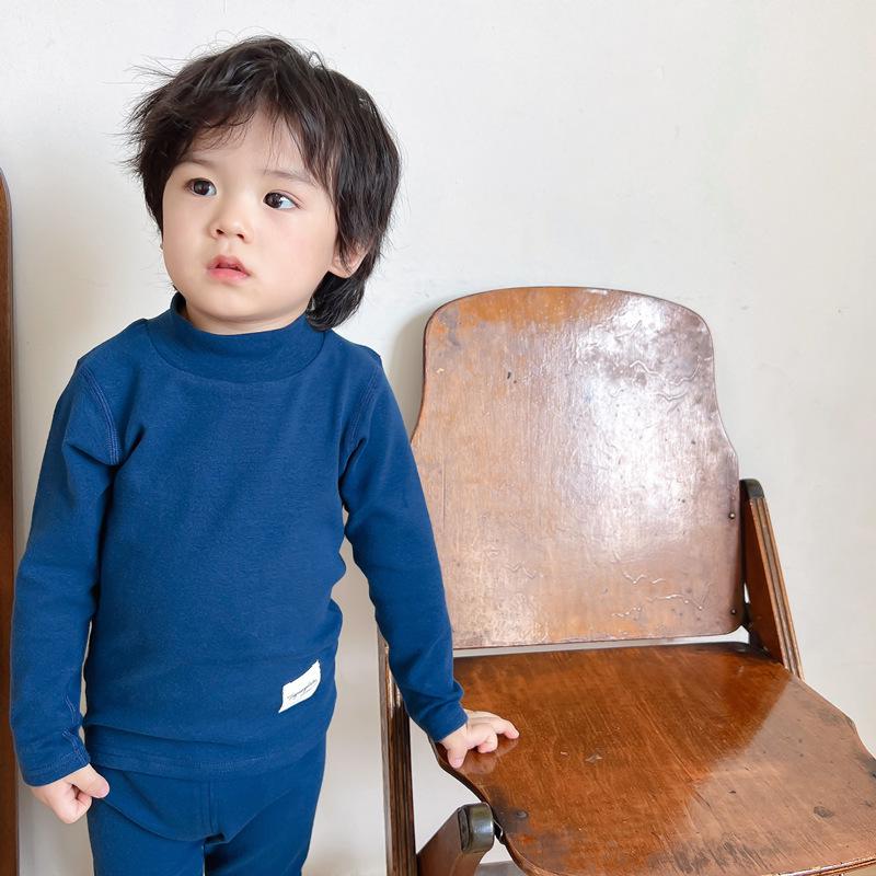 Unisex Baby Cotton Thermal Set: Cozy Brushed High-Neck Top & Trousers for Autumn/Winter