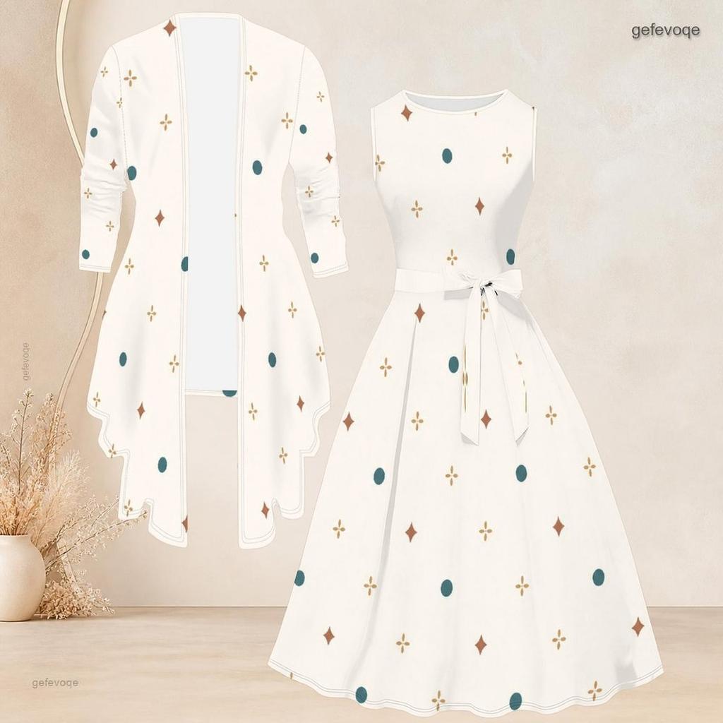 Women Plus Size Two Piece Set Sleeveless Crew Neck Tie Waist Flared Dress Long Sleeve Open Cardigan Geometric Printed Black Gold Gray
