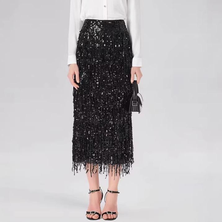 Women's Solid Color Sequin Tassel Long Pencil Skirt with Slit - European & American Fashion
