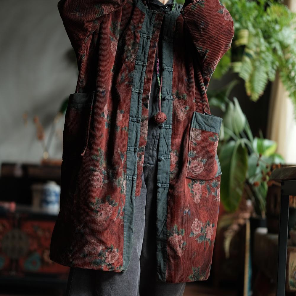 Johnature Women Vintage Red Floral Corduroy Warm Button Long Sleeve Pockets Coats Winter Chinese Style Coats