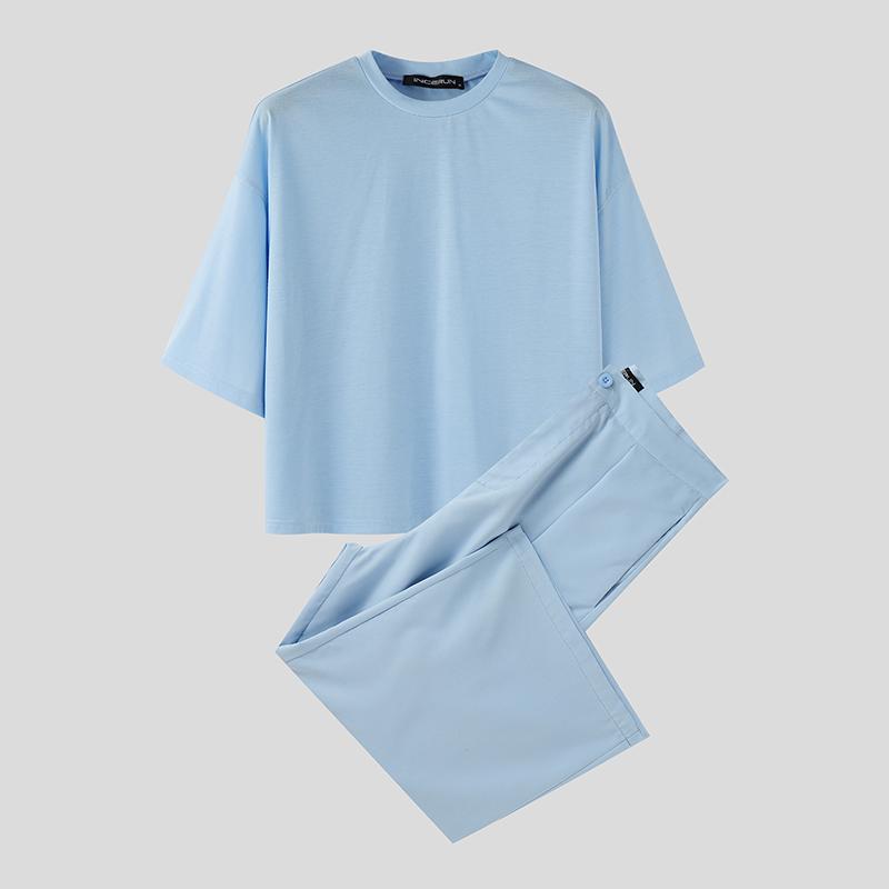 INCERUN Two Pieces Oversized Men Short Sleeve T-Shirts and Loose Pants Outfits Sets
