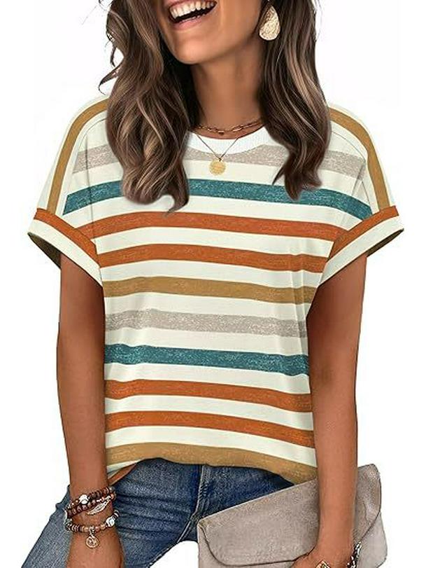 Temu 2023 Women's Colorful Striped Round Neck Pullover Casual T-shirt